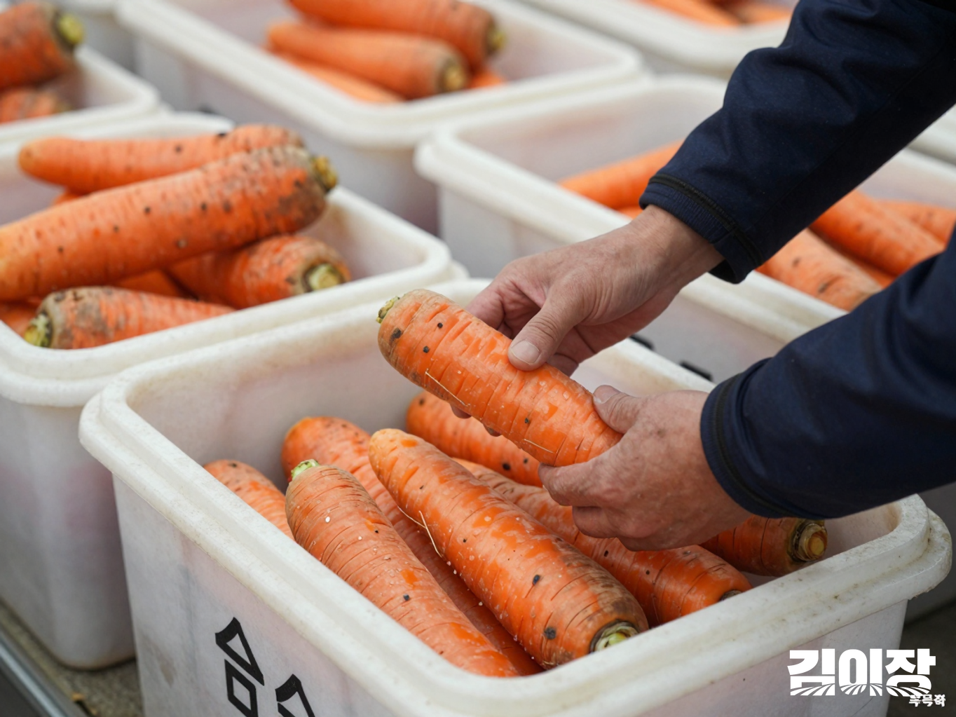 크기와 상태에 따라 당근을 선별해 상자에 나누는 모습