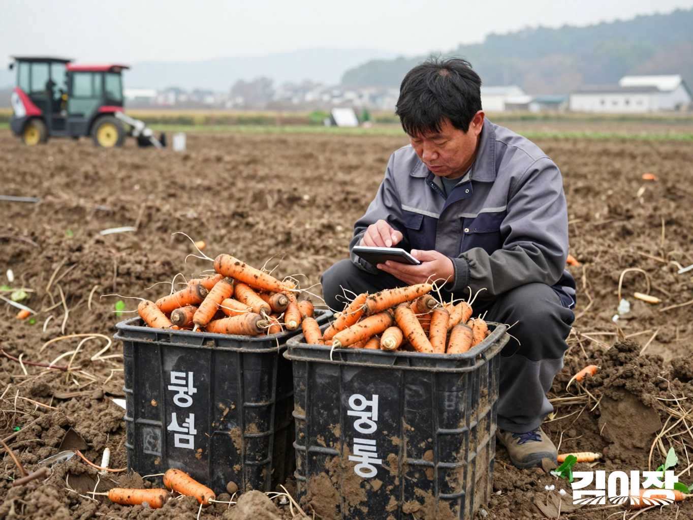 수확한 당근 상자 옆에서 작업 기록을 살펴보는 농업인