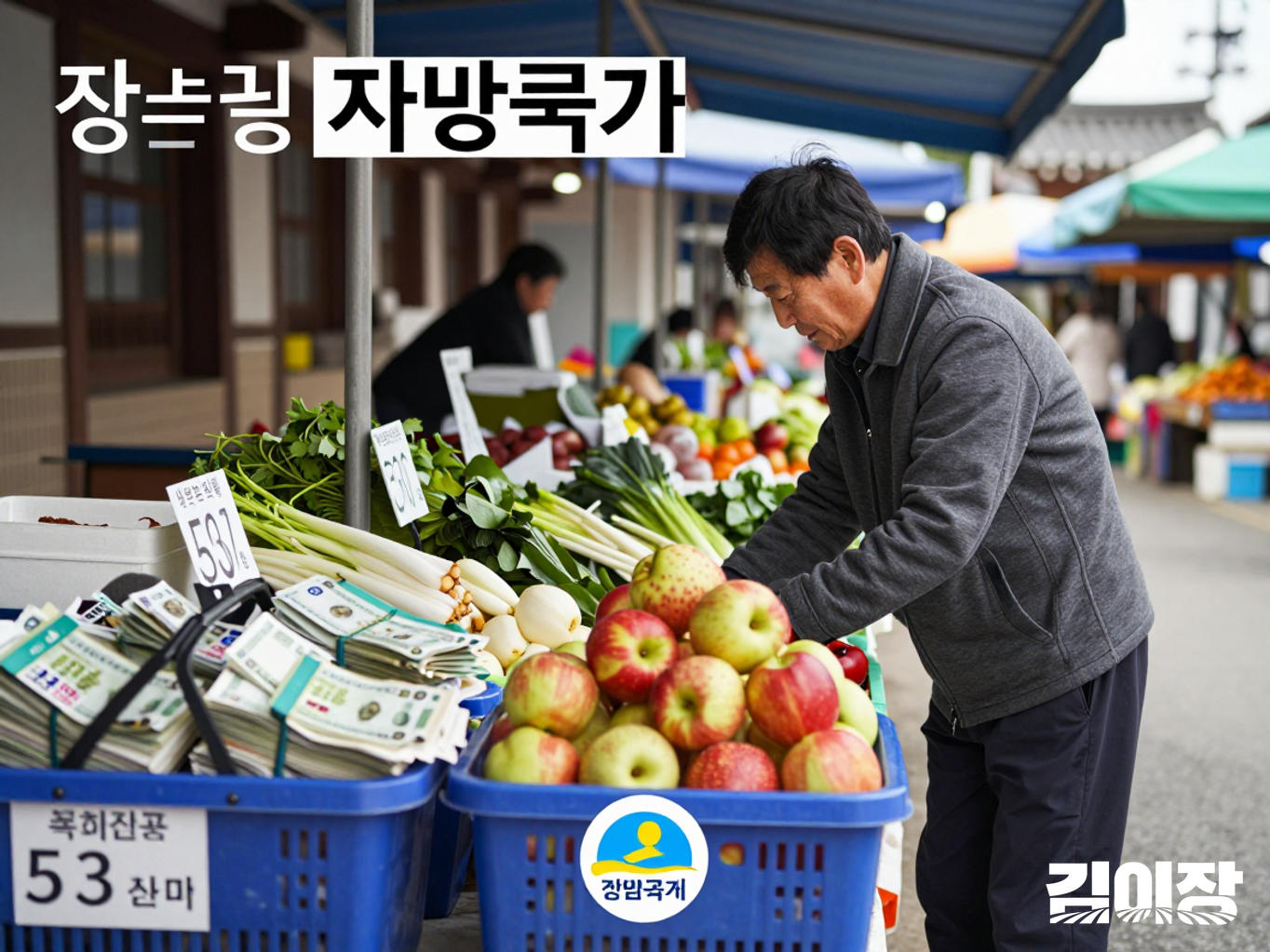 전통시장 농축산물 판매대에서 사과와 배, 채소가 담긴 장바구니를 살펴보는 중년 소비자