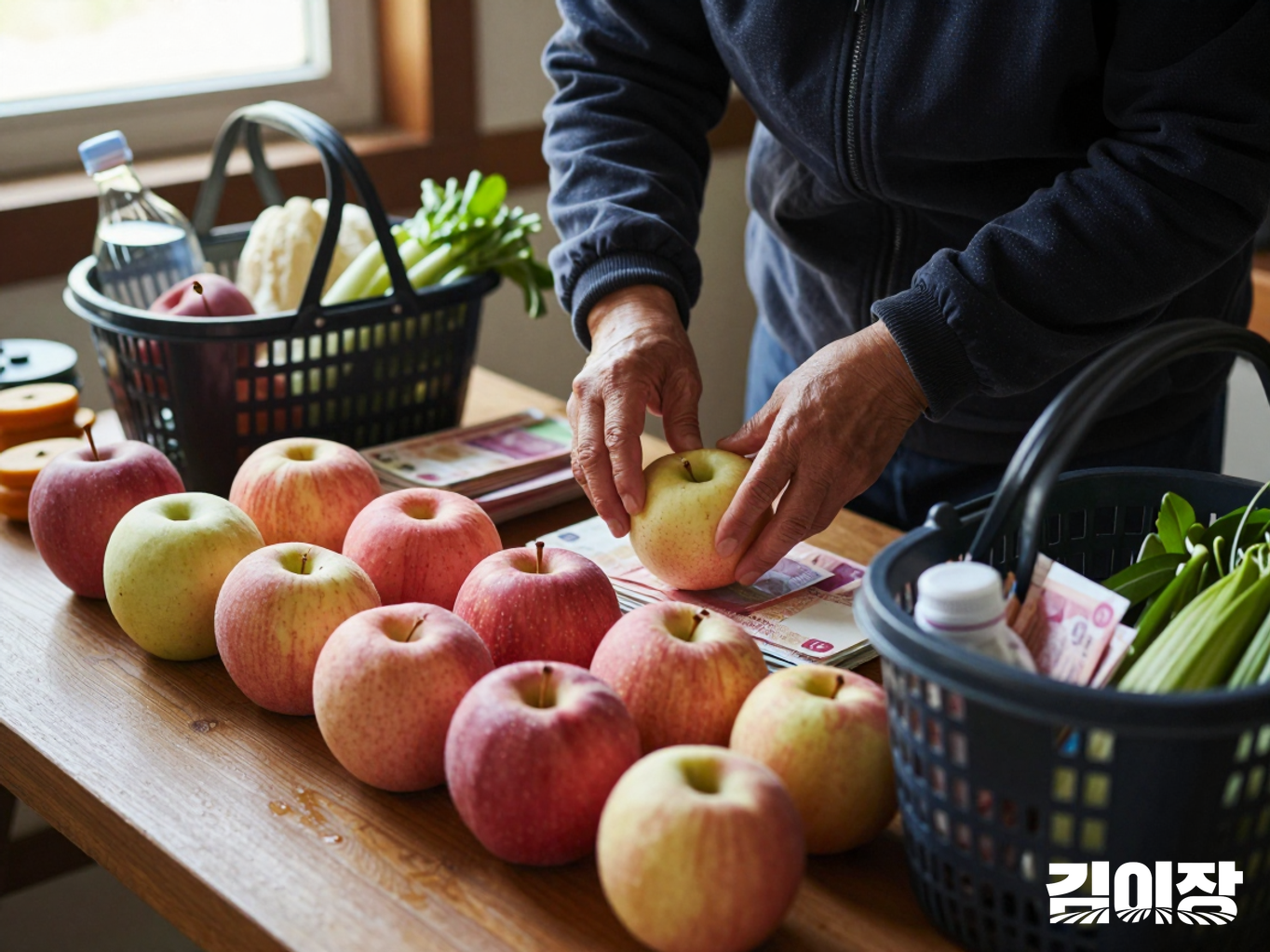 식탁 위 배와 사과, 채소를 손으로 분류하는 사람과 빈 장바구니