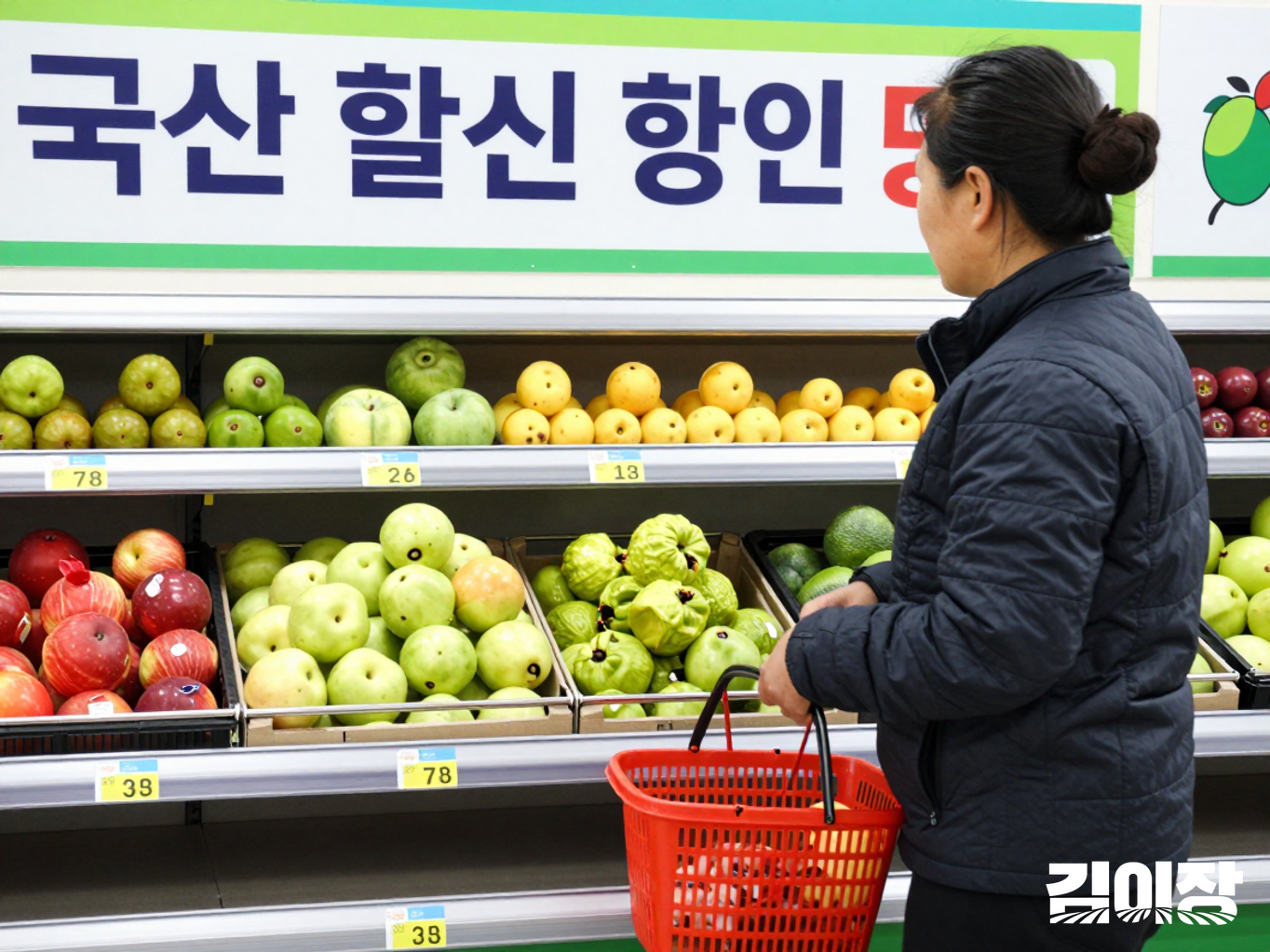 마트 농산물 코너에서 소비자가 장바구니에 국산 과일을 담는 모습
