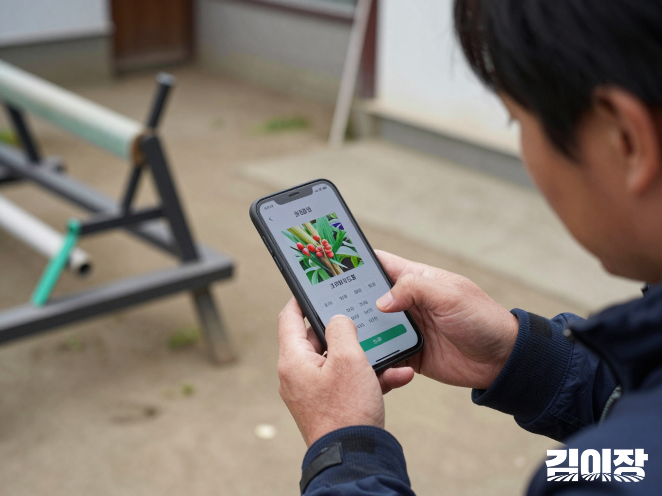 농가 마당에서 농업인이 글자가 식별되지 않는 휴대전화 화면과 피해 작물 사진을 확인하는 모습