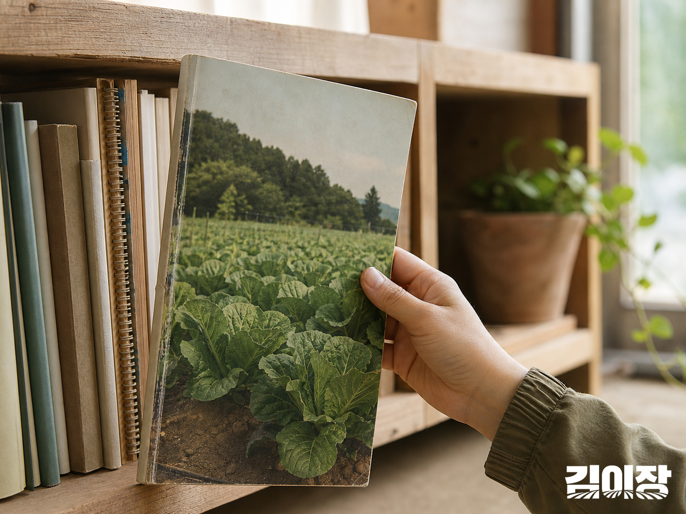 낮은 책장에서 작물 사진이 있는 재배 자료집을 꺼내는 손과 뒤에 정돈된 교육용 책자