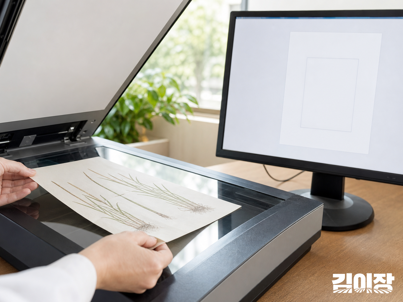 작물 도해 낱장을 평판 스캐너에 올려놓는 손과 문서 윤곽이 표시된 옆 모니터
