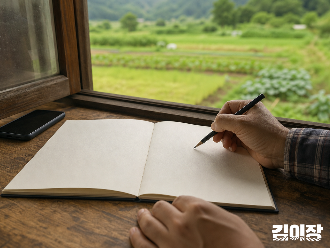농촌 집 창가 책상에서 화면이 꺼진 스마트폰 옆의 펼친 기록장에 연필을 대고 있는 손