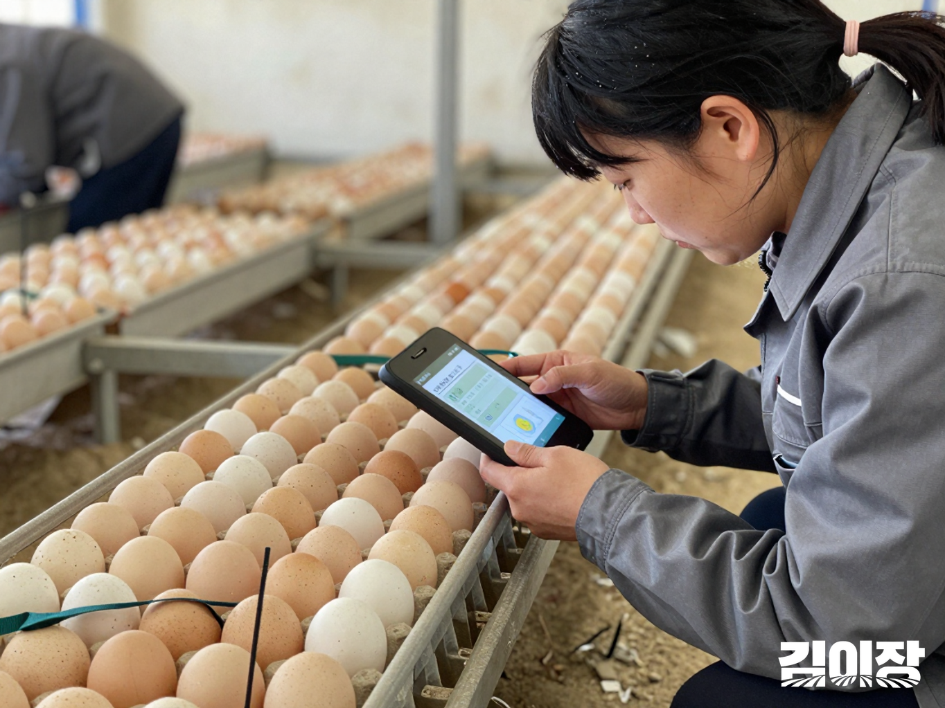 산란계 계사에서 휴대 화면을 참고하며 앞쪽 케이지와 집란 벨트의 달걀을 살펴보는 작업자