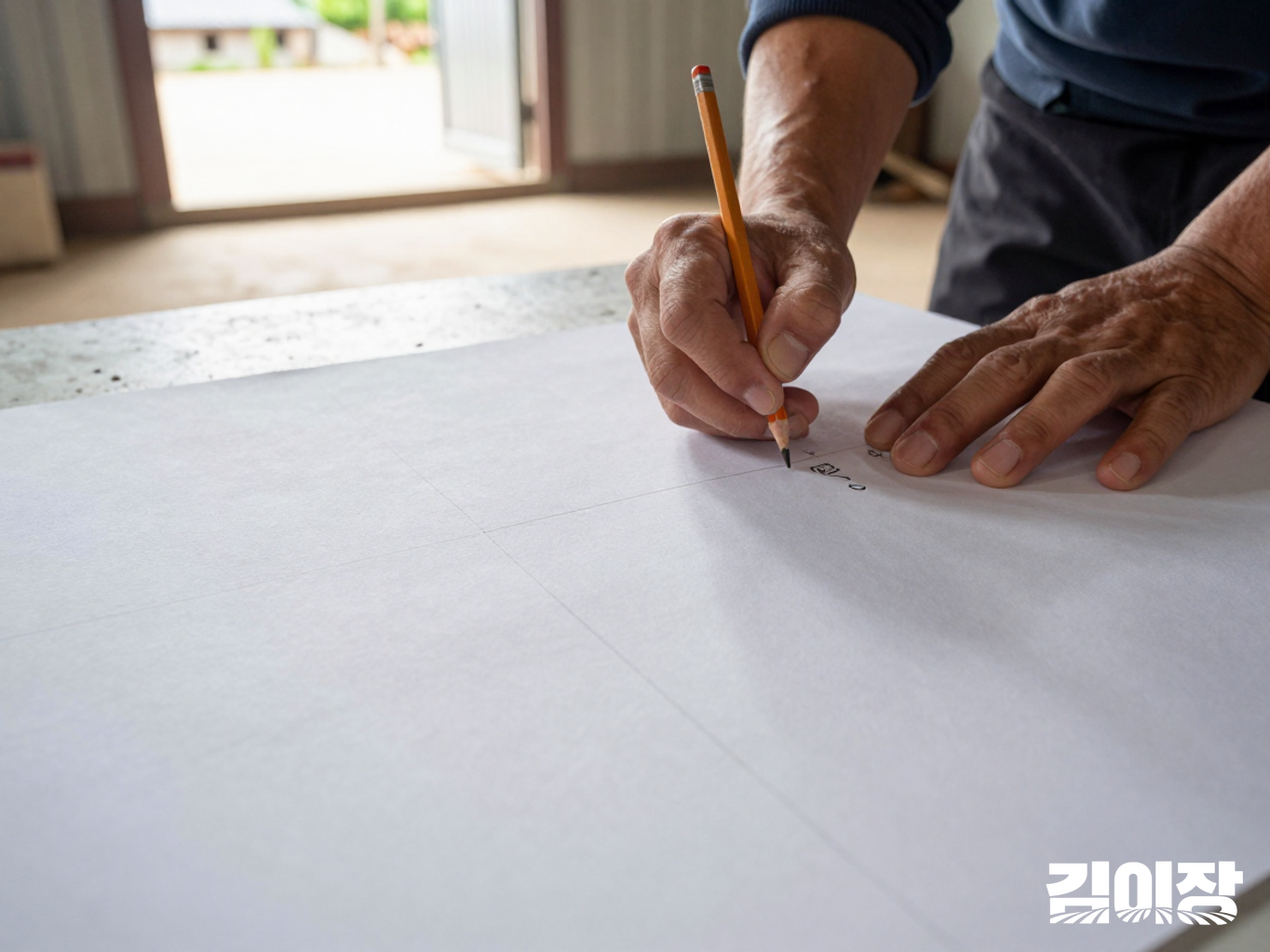 농장 관리 공간의 책상에서 작업자가 종이에 연필로 집란 라인 배치를 그리는 손과 팔