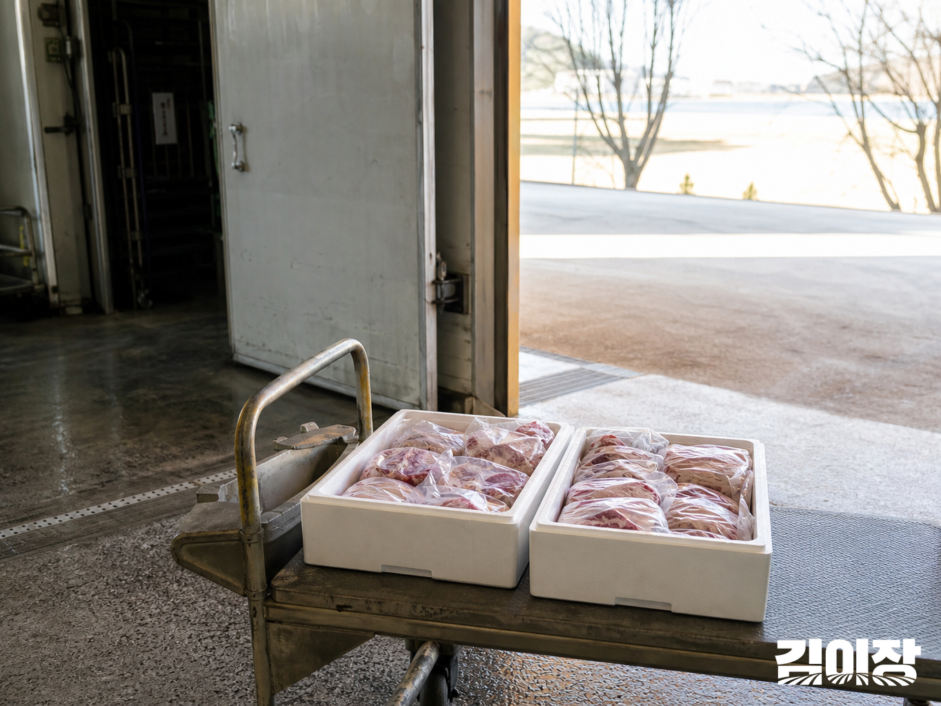 축산물 냉장 출고 공간의 운반대에 밀봉한 고기 포장이 담긴 운반 상자 두 개가 놓여 있는 모습
