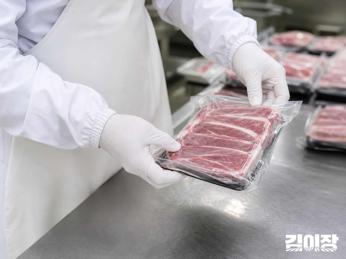 위생복과 장갑을 착용한 작업자가 깨끗한 작업대에서 밀봉된 고기 팩의 포장 상태를 확인하는 모습