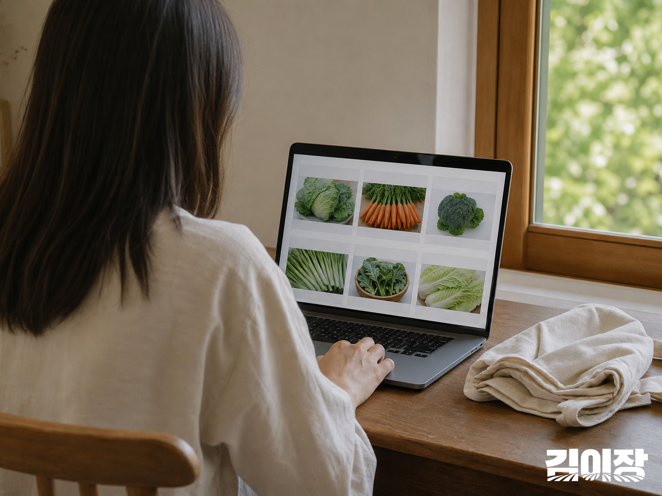 작은 책상에서 채소 상품 사진이 보이는 노트북을 살피는 성인의 뒷모습과 옆에 놓인 접힌 천 장바구니