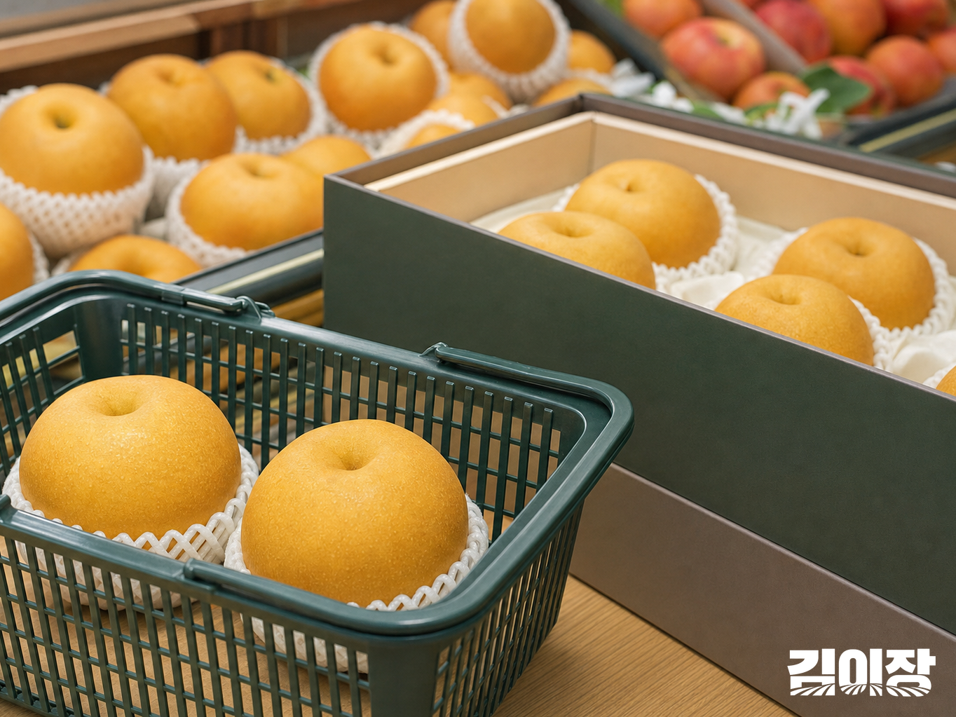 과일 매대에 나란히 놓인 배 두 알이 담긴 짙은 녹색 장바구니와 열린 배 선물상자