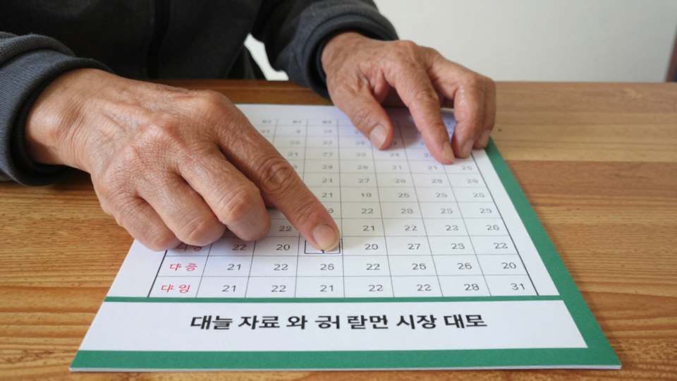 펼친 자료철 옆 탁상달력의 표시된 칸을 짚는 손.