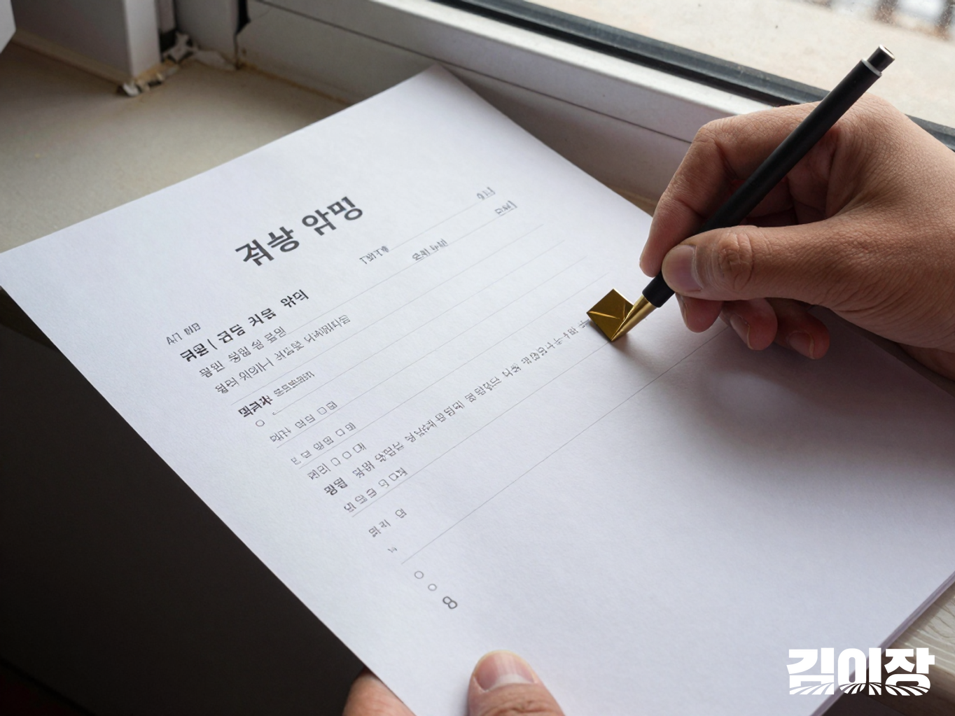 밝은 창가에 펼친 자료철의 한 줄에 놓인 책갈피 자.