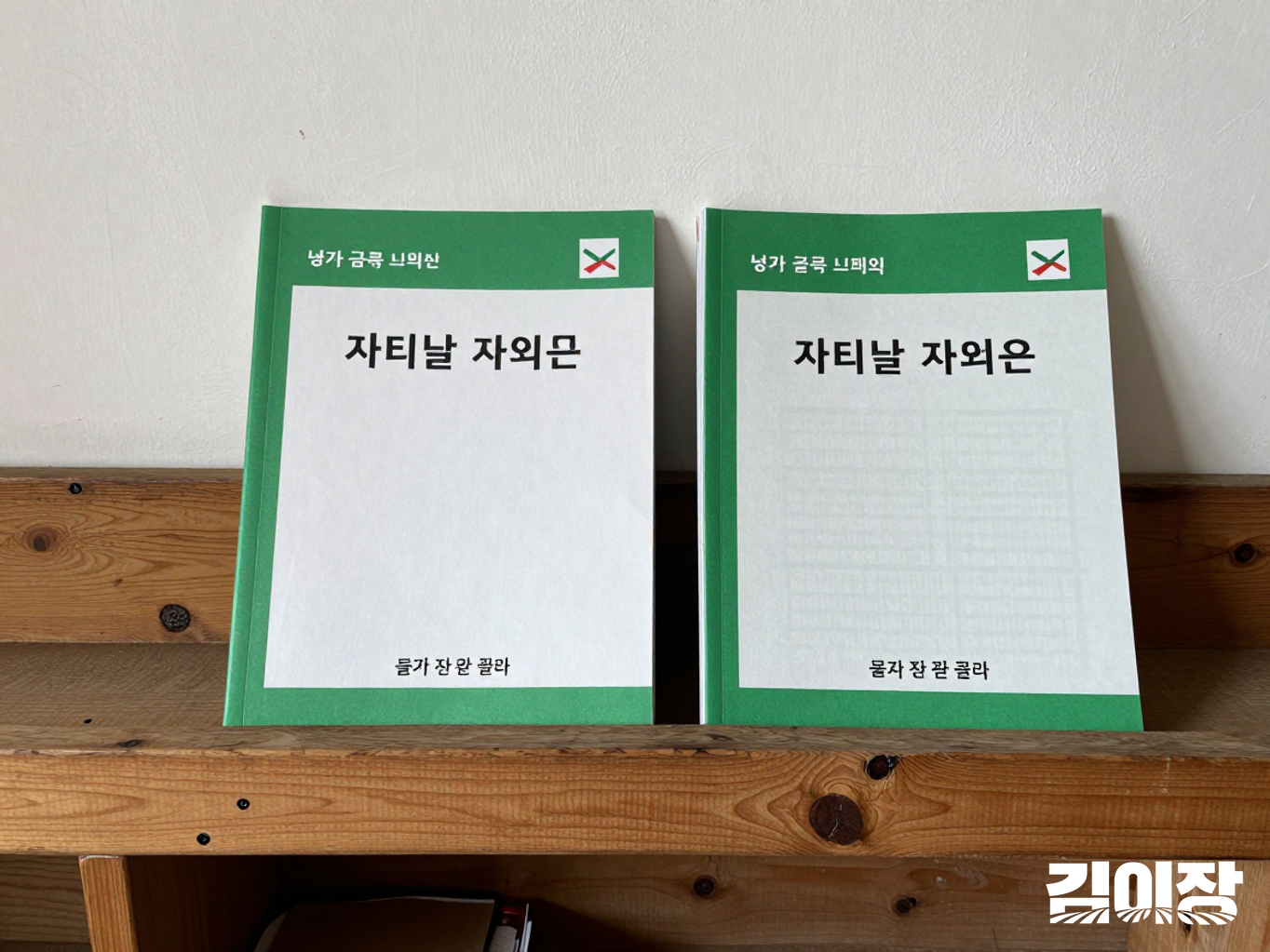 낮은 목재 선반에 서로 다른 색 탭으로 구분한 자료철 두 개가 나란히 놓인 모습.
