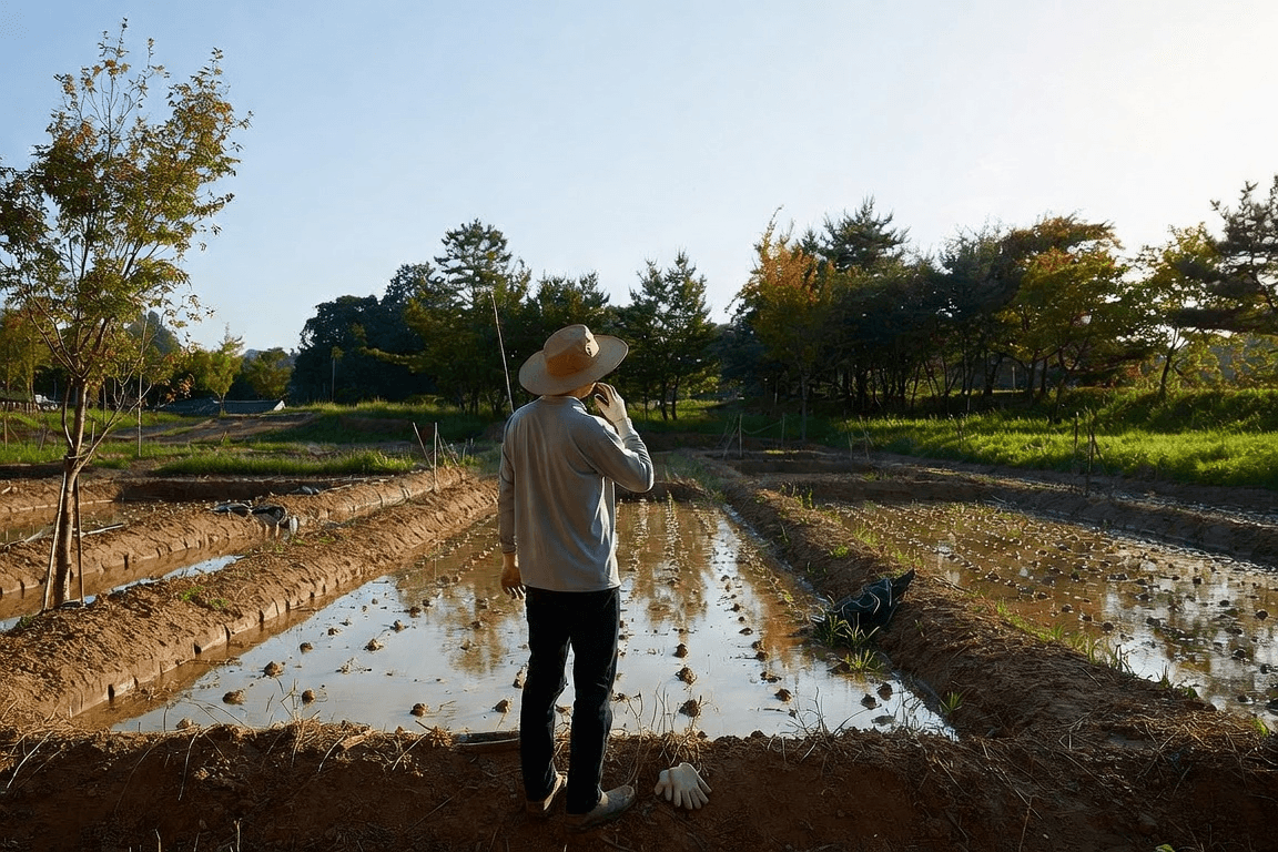 밭 가장자리에서 모자를 쓴 사람이 휴대전화로 통화하는 뒷모습
