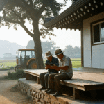 마루에 앉은 두 사람이 휴대전화를 함께 보고 뒤로 트랙터와 논이 보이는 모습