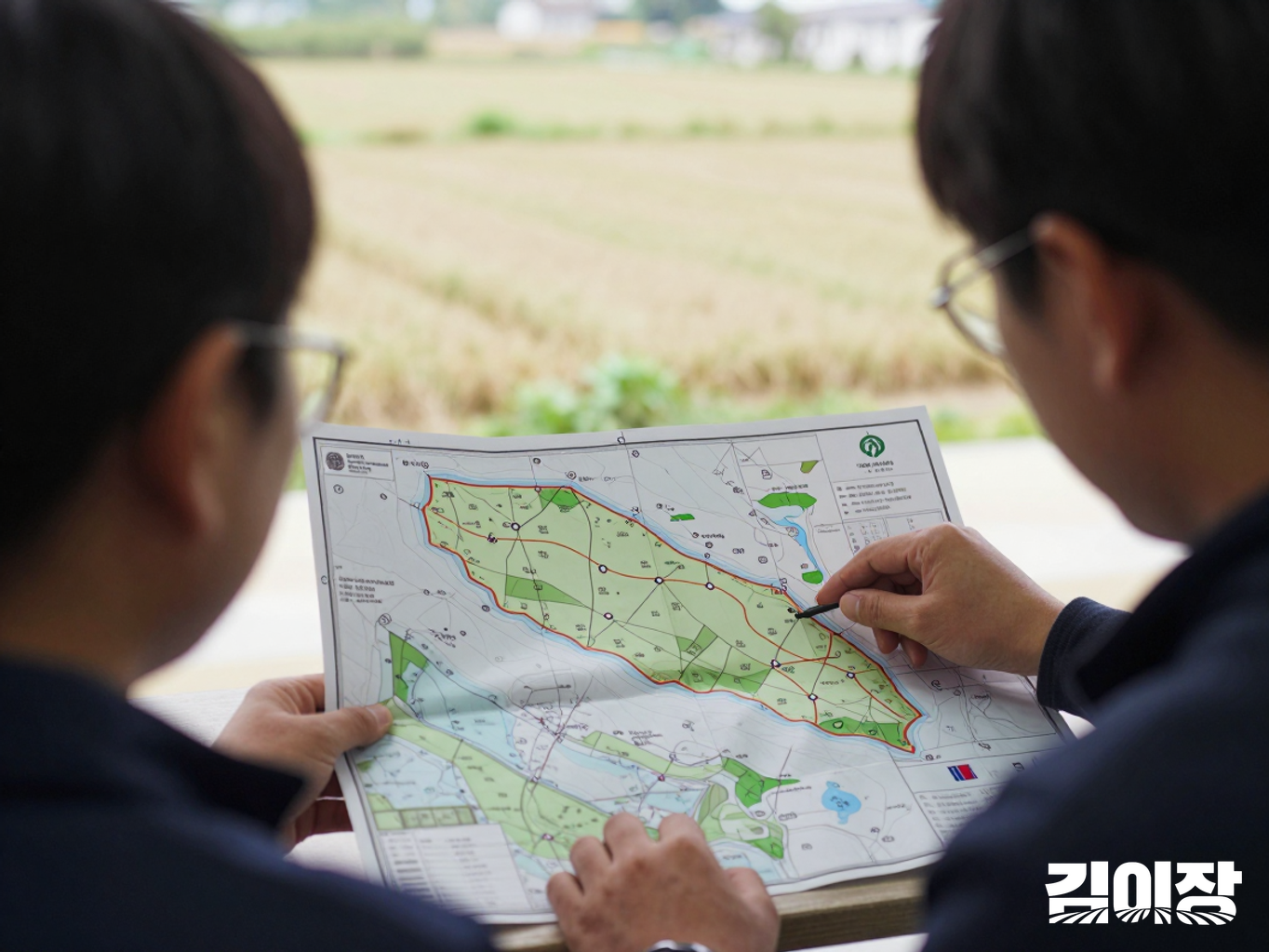 필지 지도를 사이에 두고 위탁 가능 구역을 확인하는 농지 소유자와 상담자
