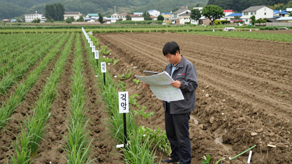 관리된 밭과 풀이 자란 휴경지 경계에서 표지 말뚝 옆에 서서 태블릿 지도를 확인하는 농지 소유자