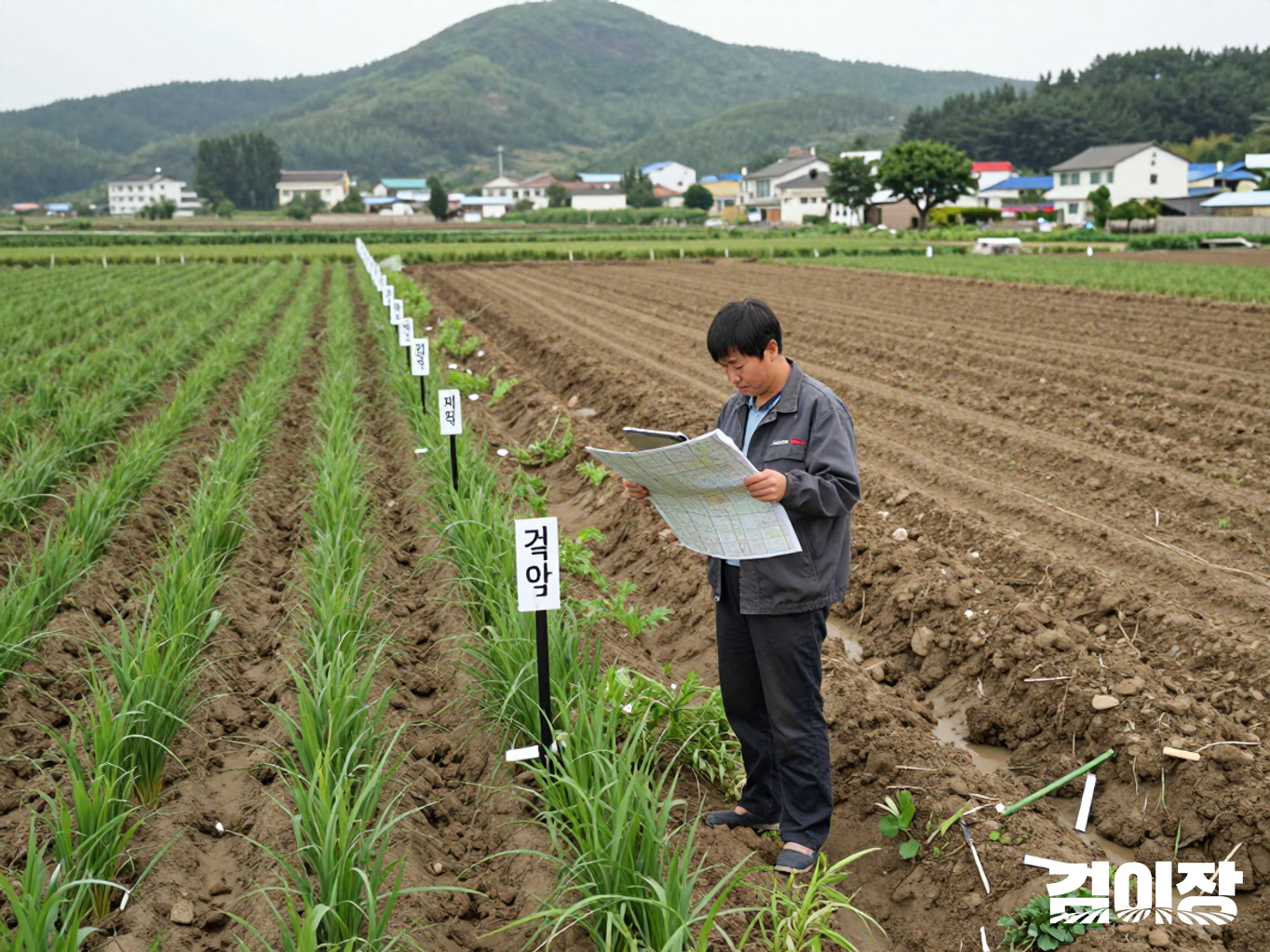 관리된 밭과 풀이 자란 휴경지 경계에서 표지 말뚝 옆에 서서 태블릿 지도를 확인하는 농지 소유자