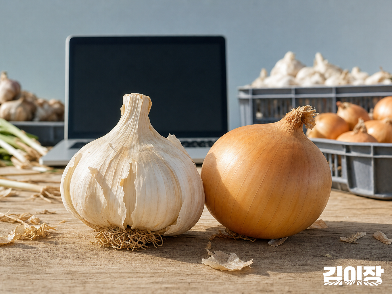 선별 작업대 중앙에 놓인 마른 마늘 한 통과 양파 한 알, 뒤쪽에 열린 노트북