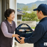 전남 농촌 마을의 현관 앞에서 배달 담당자가 주민에게 보온 도시락 가방을 건네는 모습