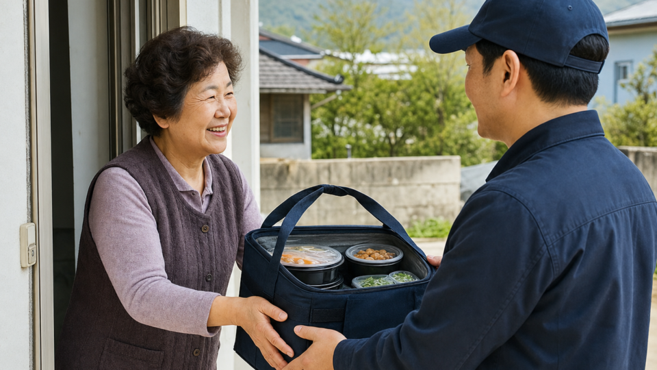 전남 농촌 마을의 현관 앞에서 배달 담당자가 주민에게 보온 도시락 가방을 건네는 모습