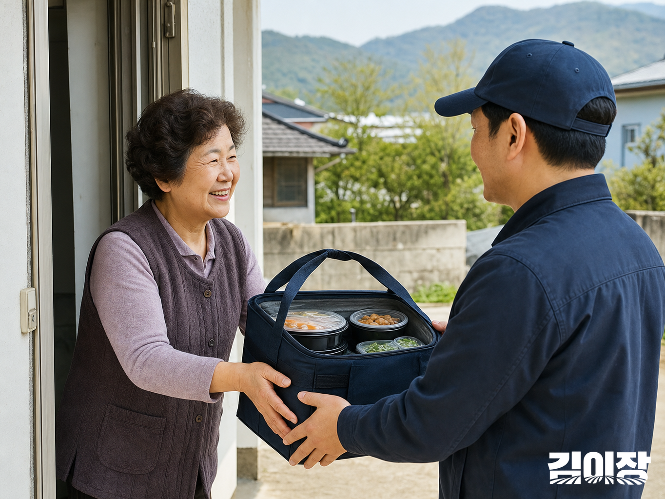 전남 농촌 마을의 현관 앞에서 배달 담당자가 주민에게 보온 도시락 가방을 건네는 모습