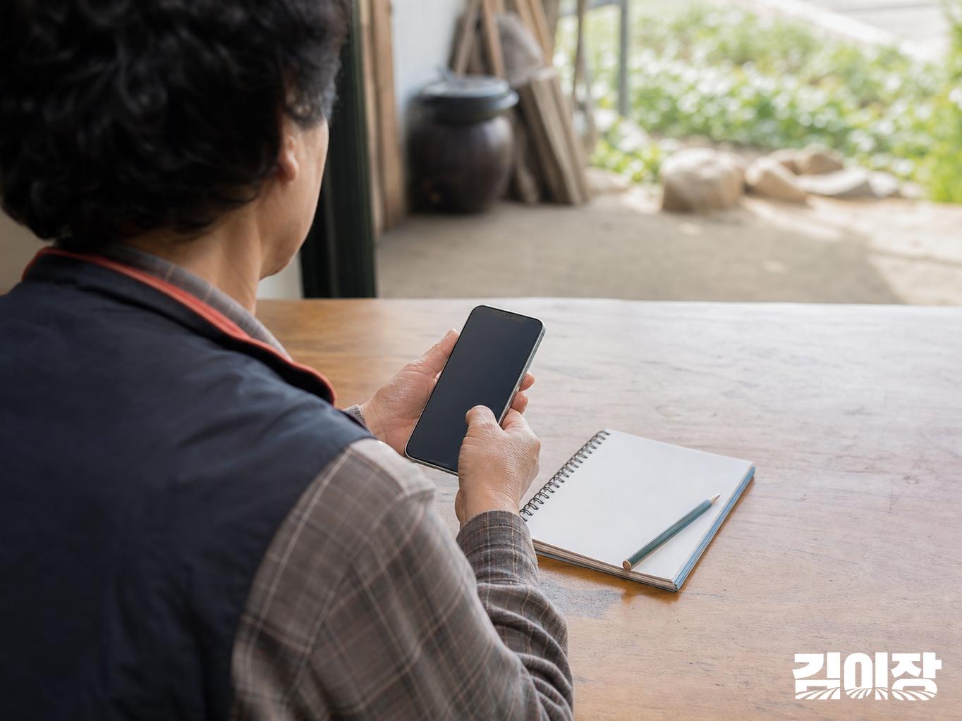 휴대전화와 빈 메모지를 앞에 두고 지역 서비스 정보를 확인하는 농촌 주민의 손