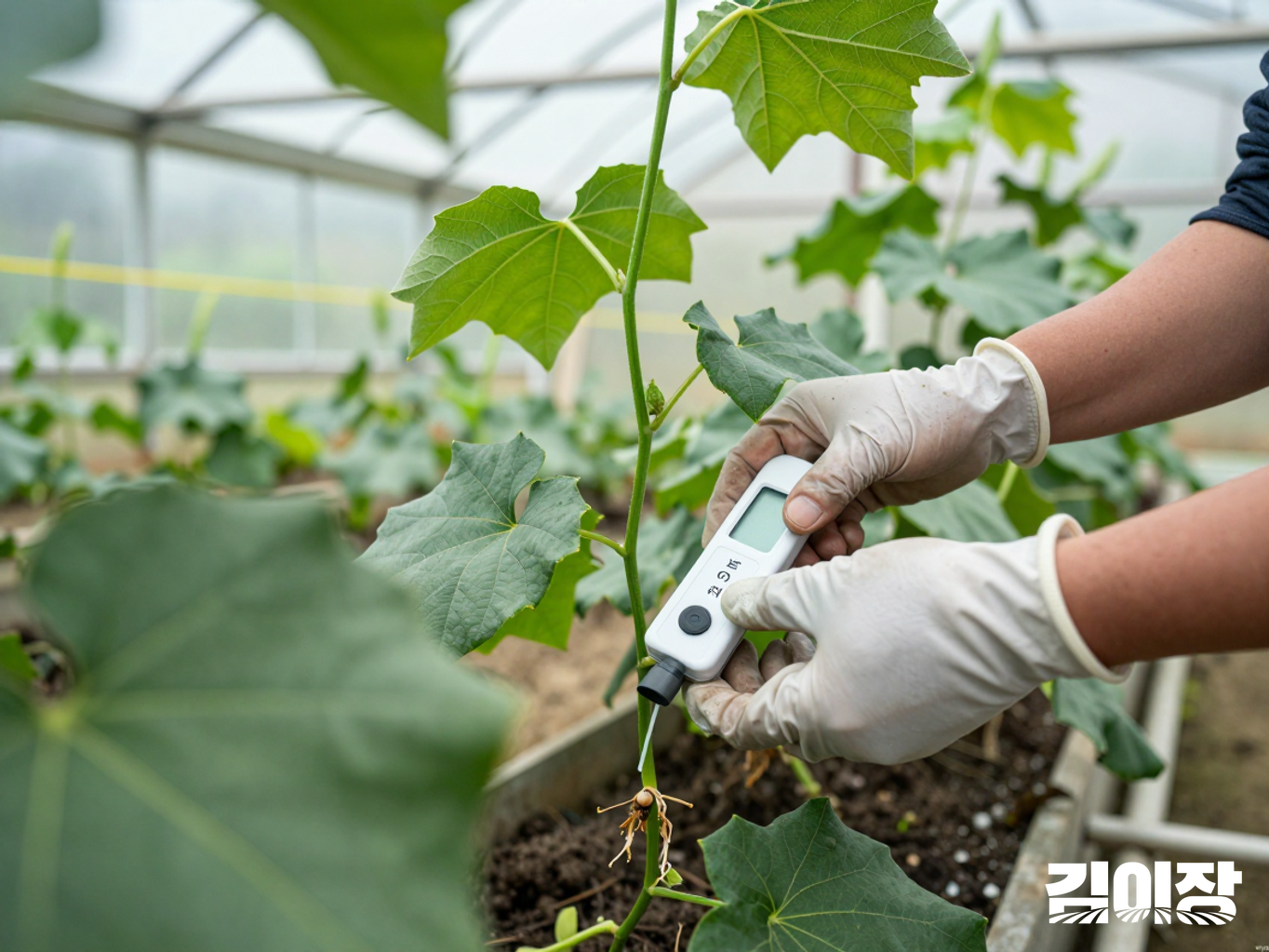 가을철 유리온실에서 그린빈 잎과 뿌리 주변 양액에 EC 센서를 대고 뒤쪽 황색 끈끈이 트랩을 함께 살피는 장면