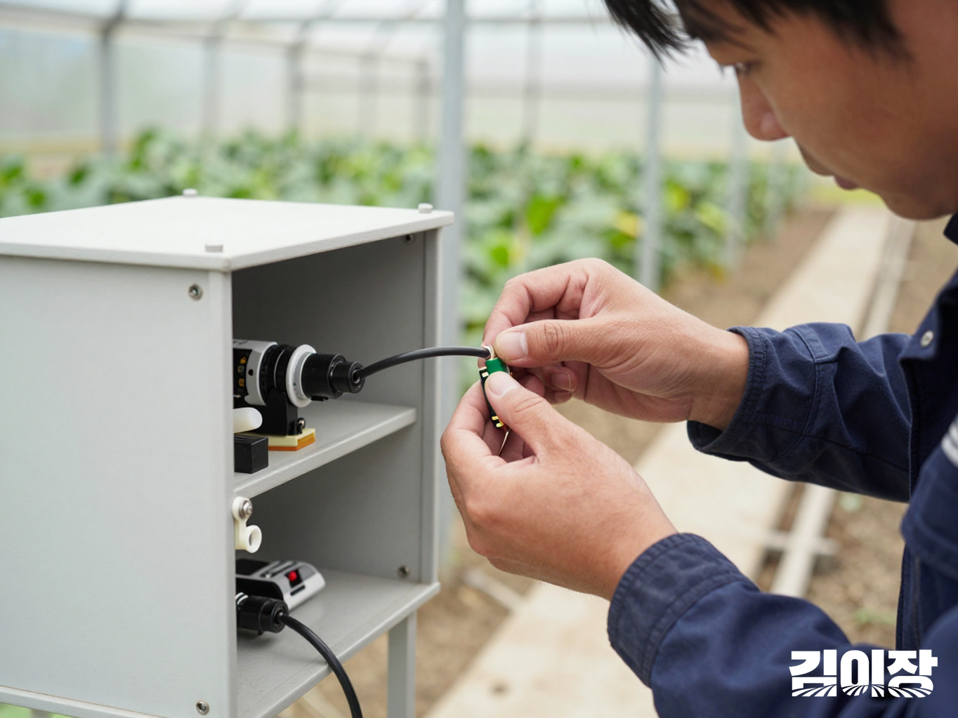 시설하우스에서 작업자가 환경 센서의 케이블 연결 상태를 점검하는 모습