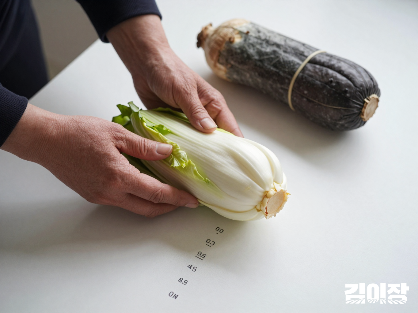 식탁에서 배추와 무를 놓고 가격 자료를 확인하는 모습