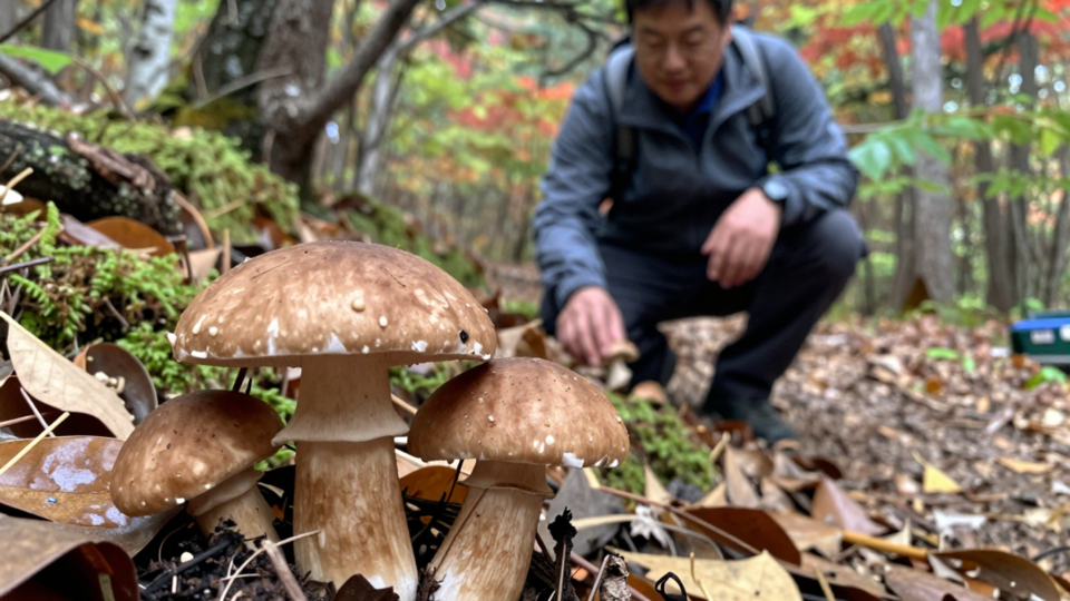 가을 산에서 송이버섯을 발견하고 손대지 않은 채 바라보는 등산객
