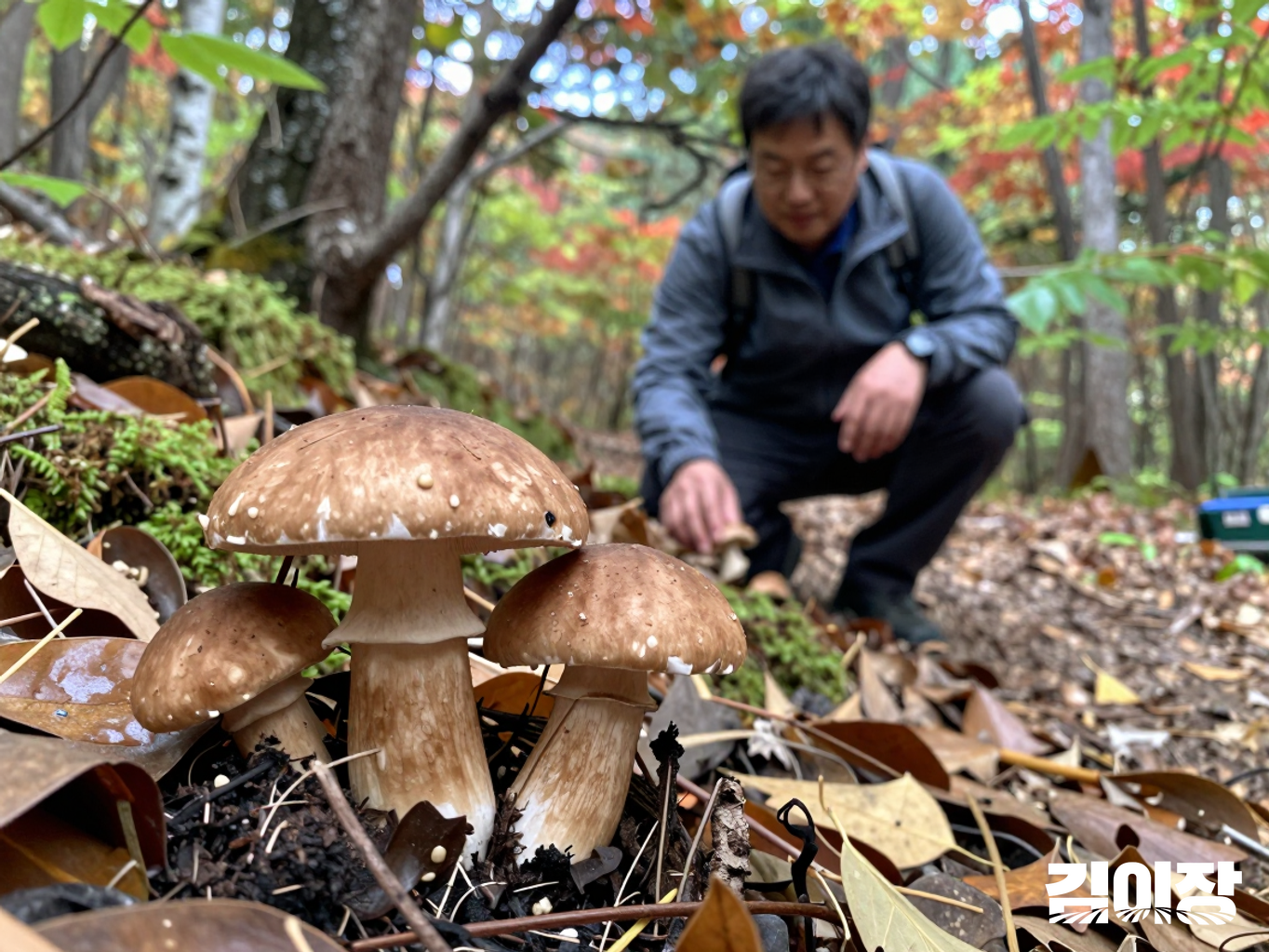 가을 산에서 송이버섯을 발견하고 손대지 않은 채 바라보는 등산객