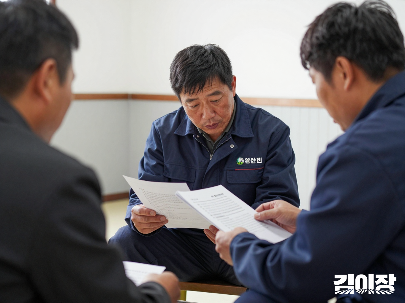밝은 상담 공간에서 농가와 담당자가 마주 앉아 글자가 보이지 않는 안내 자료를 함께 살펴보는 모습