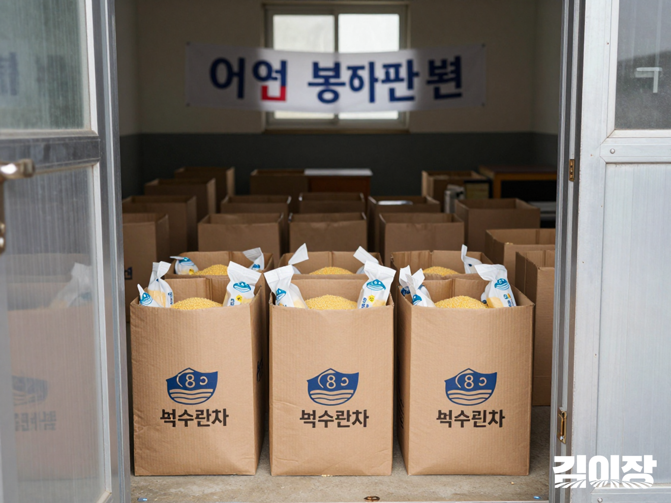 밝은 지역 복지시설 입구의 무표기 상자에 정돈된 옥수수차 원물과 뻥튀기 봉지