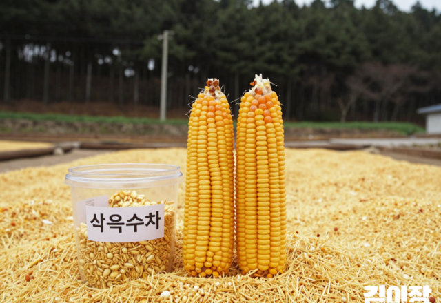 파주 숲 가장자리의 옥수수밭을 배경으로 놓인 굵은 옥수수 두 자루와 투명한 용기의 옥수수차 원물·뻥튀기
