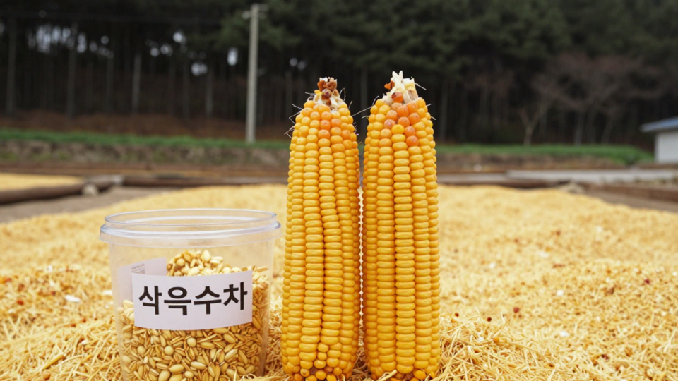 파주 숲 가장자리의 옥수수밭을 배경으로 놓인 굵은 옥수수 두 자루와 투명한 용기의 옥수수차 원물·뻥튀기
