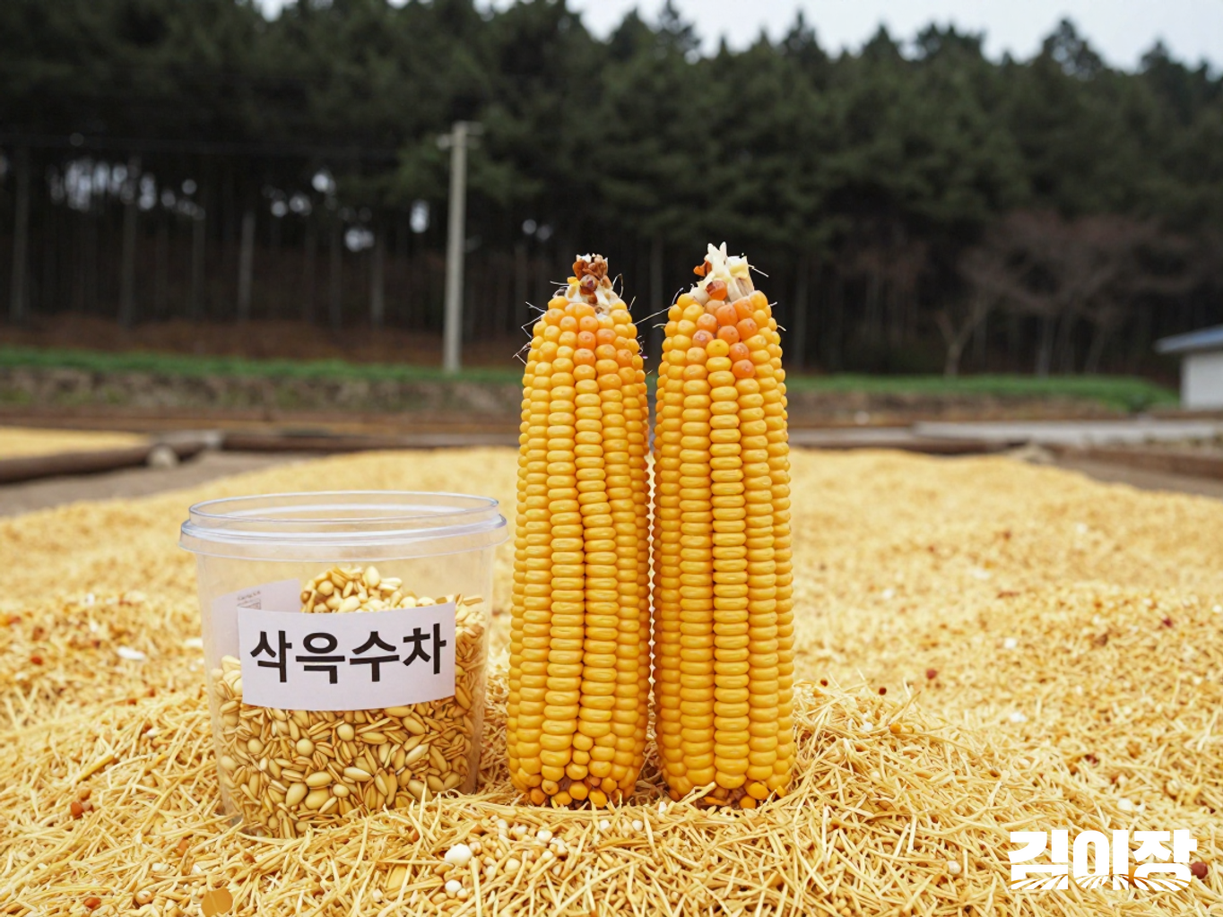파주 숲 가장자리의 옥수수밭을 배경으로 놓인 굵은 옥수수 두 자루와 투명한 용기의 옥수수차 원물·뻥튀기