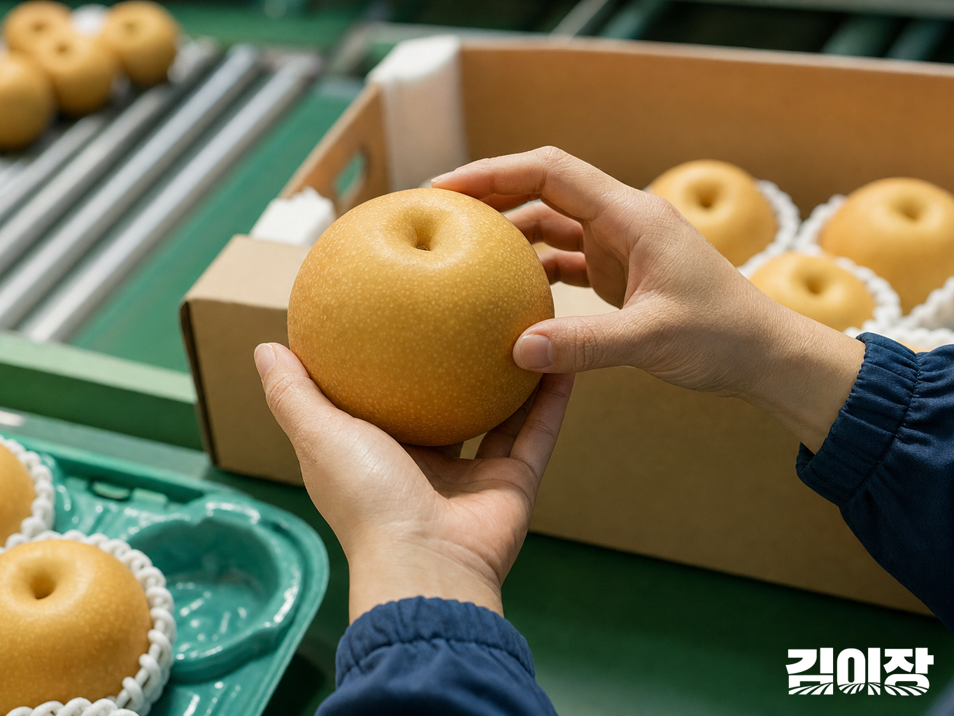 배 선별 작업대에서 두 손으로 배 한 알의 표면을 살피는 모습과 뒤에 놓인 완충재가 든 출하 상자