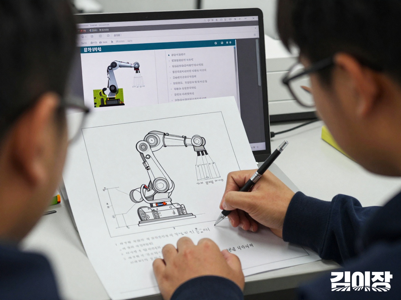 개발자가 로봇 설계도와 장비 목록 화면을 살피며 시험 항목을 메모하는 모습
