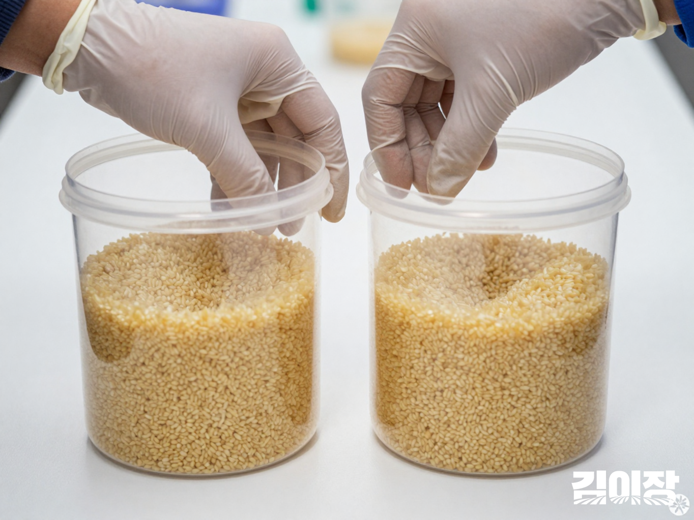 검사실 작업대에서 장갑 낀 손이 투명 용기 두 개에 담긴 쌀 시료를 살피는 모습