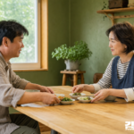 소박한 공동식사 공간에서 성인 두 사람이 나무 식탁 가운데 반찬 접시를 놓으며 대화하는 모습