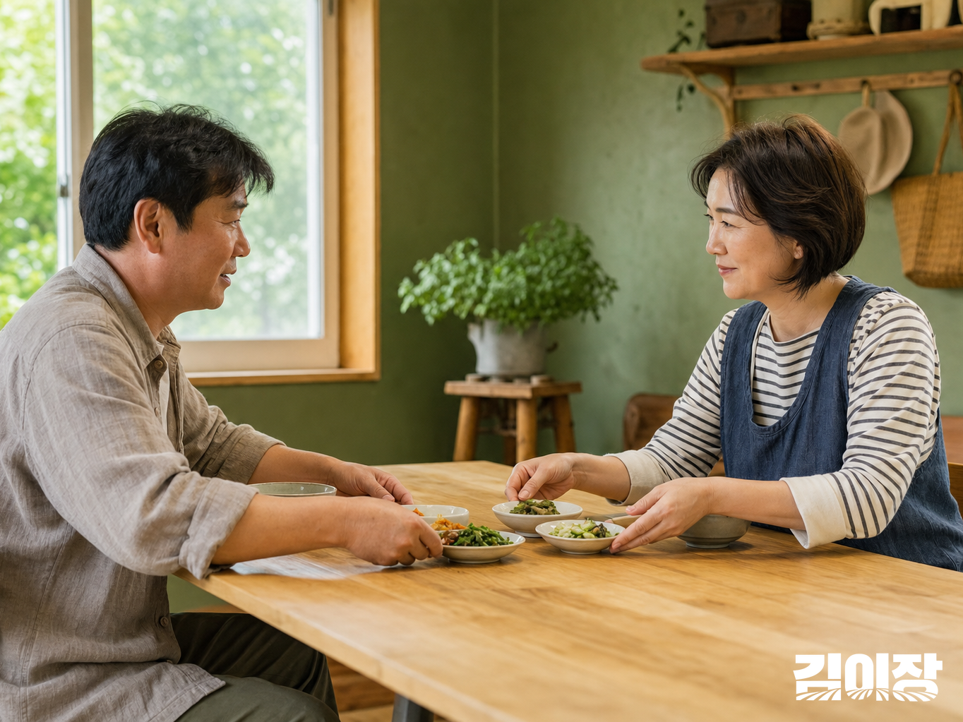 소박한 공동식사 공간에서 성인 두 사람이 나무 식탁 가운데 반찬 접시를 놓으며 대화하는 모습