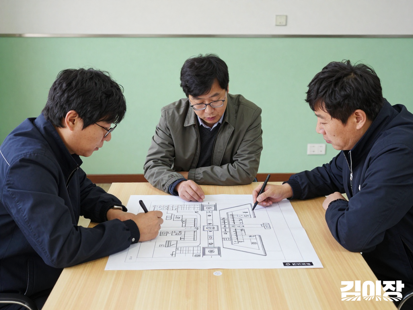 농촌 공동공간에서 두 실무자가 탁자 위 마을 배치 스케치를 함께 살펴보는 모습