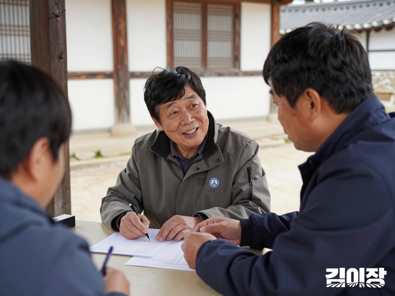 농촌 공동공간 창가에서 조사 담당자가 탁자 위 메모장을 두고 중장년 주민의 이야기를 듣는 모습