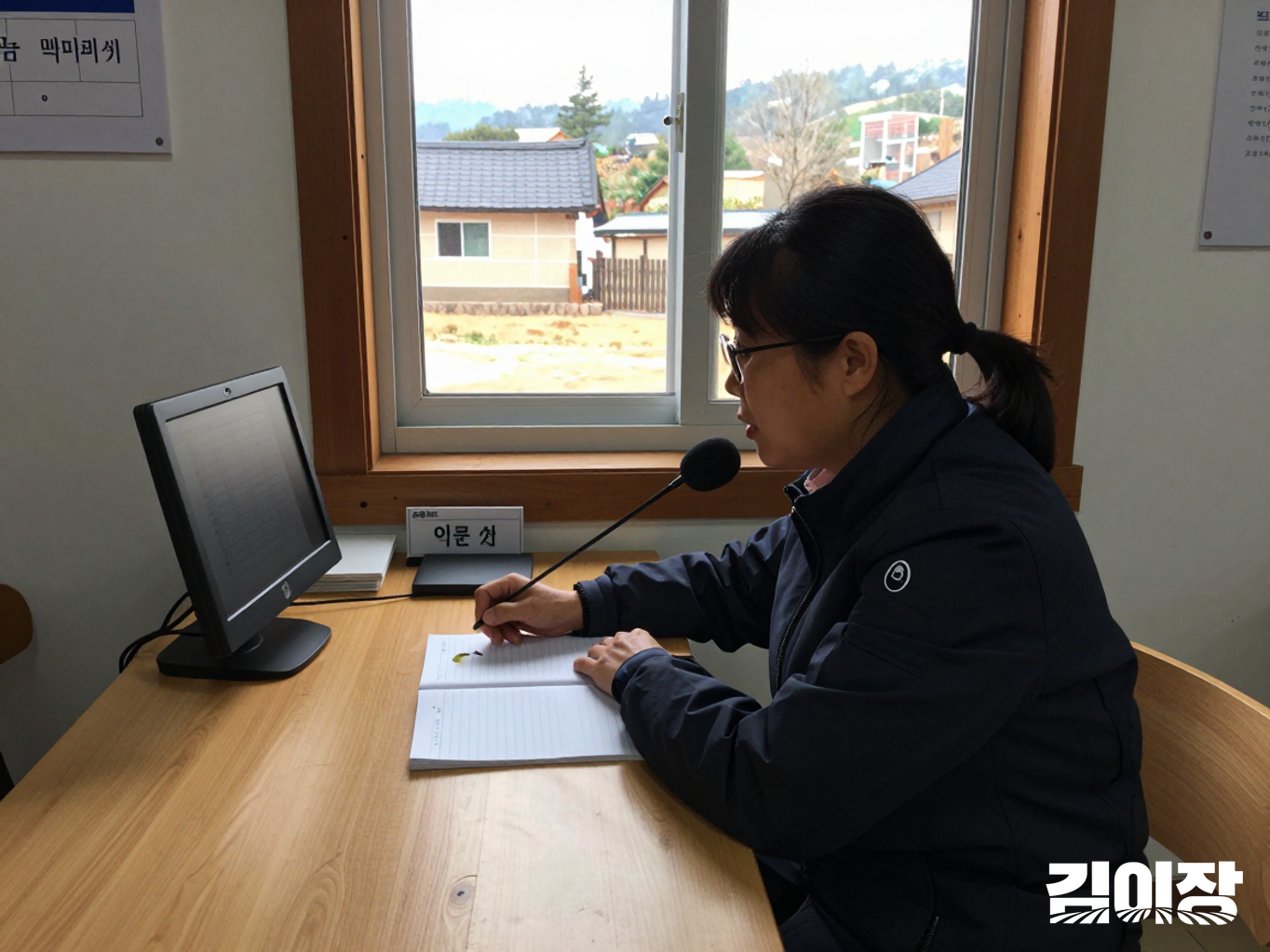 소박한 사무실에서 담당자 한 명이 열린 노트를 곁에 두고 탁자 위 스피커폰으로 통화하는 옆모습