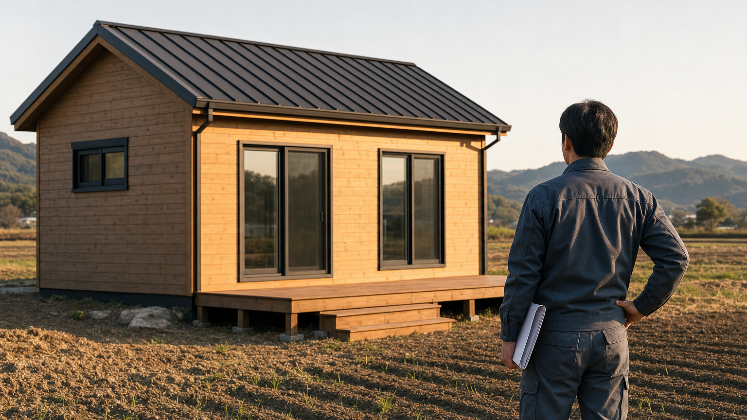 밭 한쪽의 작은 단층 목조 건물과 데크 앞에서 서류를 든 사람이 건물을 바라보는 모습
