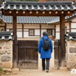 가을 농촌 주택의 열린 나무 대문 앞에서 작은 여행 가방을 멘 중년 방문객이 집과 마당을 살펴보는 뒷모습