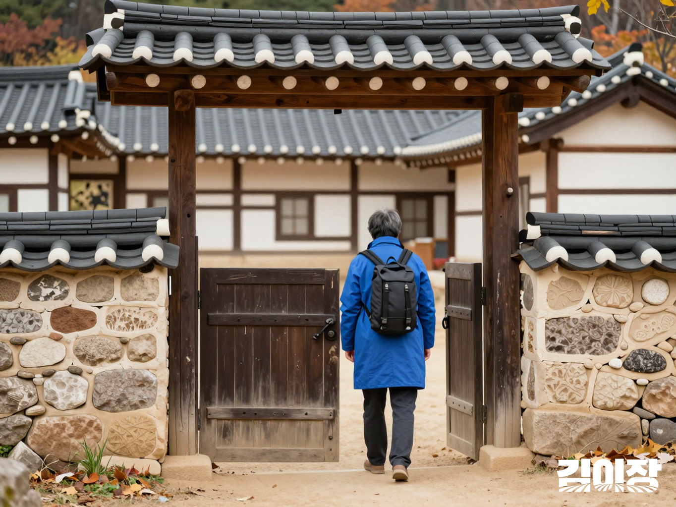 가을 농촌 주택의 열린 나무 대문 앞에서 작은 여행 가방을 멘 중년 방문객이 집과 마당을 살펴보는 뒷모습