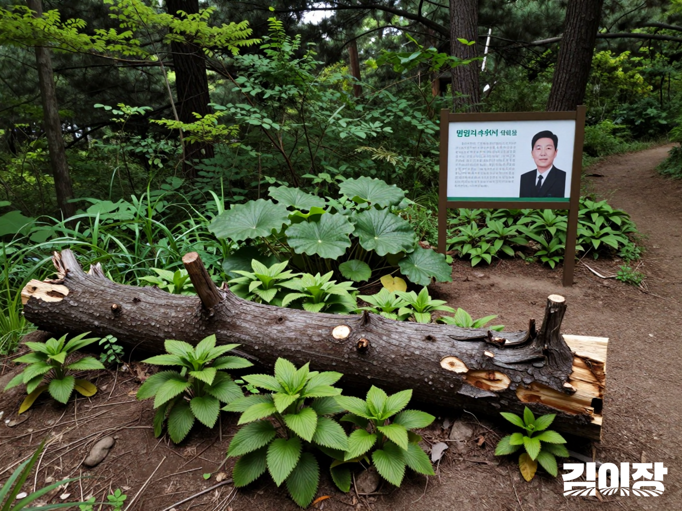관리되는 자연휴양림 숲길 앞의 양치식물과 쓰러진 나무, 여러 층으로 이어진 녹색 숲